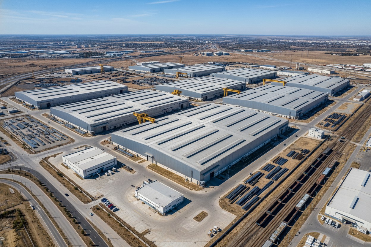 Endüstriyel tesis drone fotoğrafı — çelik konstrüksiyon fabrika çatısı